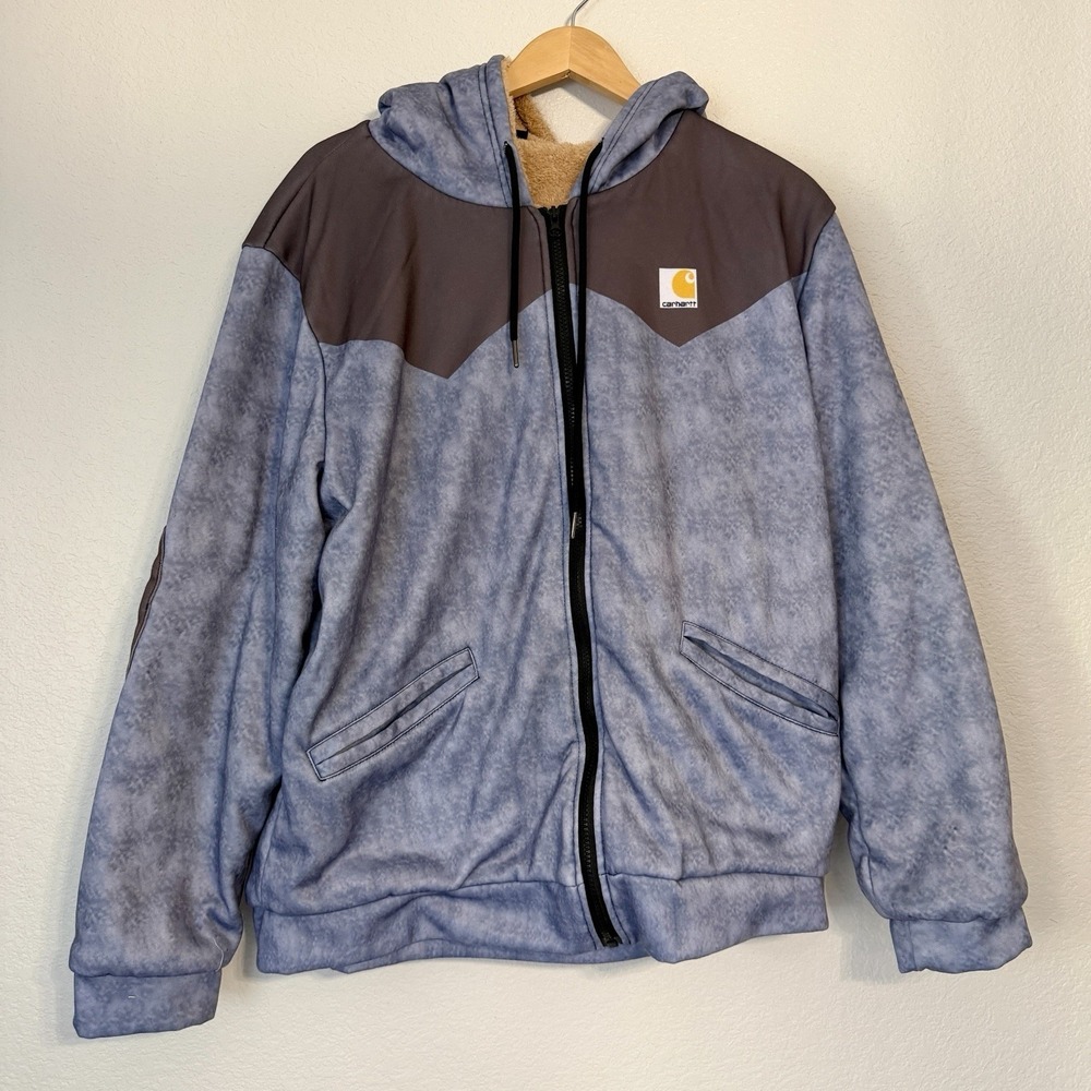 Carhartt Sherpa Lined Full Zip Hoodie Jacket Gray Blue Mineral Wash Men's Large